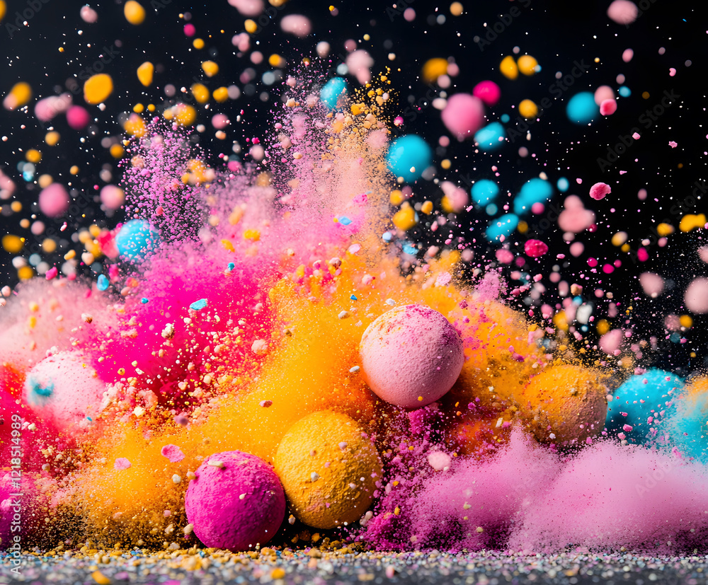 Aufkleber Colorful explosion of powders and spheres, creating a vibrant and dynamic visual effect