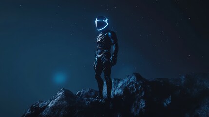 Futuristic Astronaut Explores Alien Planet Under Starry Night Sky