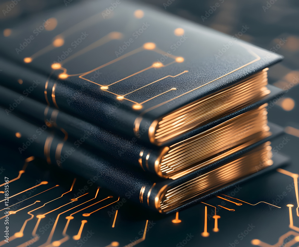 Poster Stack of sleek black notebooks with golden edges against a tech-inspired background