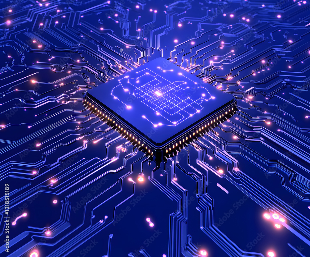 Poster futuristic microchip surrounded by glowing circuits and lights on a blue background