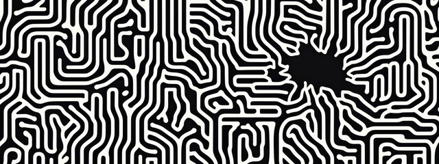 Abstract black and white pattern with intricate lines creating a maze-like design and a central dark splash effect