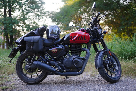 January 2025, Kanchanaburi, Thailand, Product Photography of Royal Enfield Hunter 350 Motorcycle  on the park.