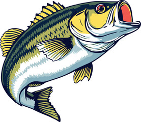 Largemouth bass jumping and opening mouth while fishing