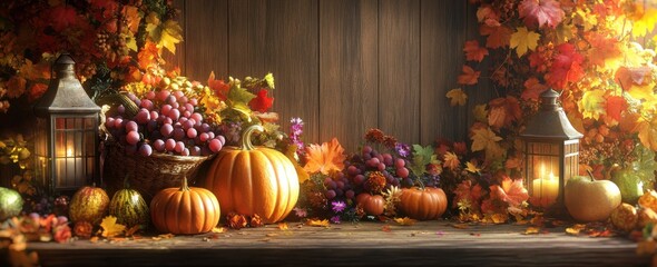 Obraz premium Vibrant Autumn Scene with Colorful Leaves, Pumpkins, and Lanterns Evoking the Cozy Spirit of Fall on a Rustic Wooden Table