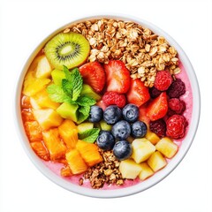 A colorful mixed fruit smoothie bowl with granola topping, isolated white background, abstract expressionist art style