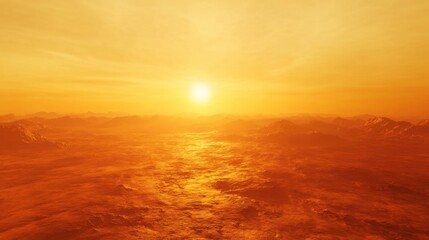 Fototapeta premium The vast expanse of a desert glows under a fiery orange sunset.