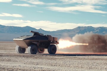 Military vehicle launches rocket during test in arid landscape with mountains in background