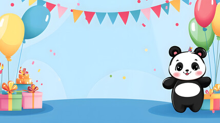 Fototapeta premium Adorable panda bear celebrates a birthday with colorful balloons, gifts, and party flags. Perfect for invitations, cards, or children's products.