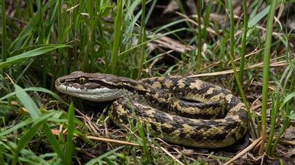 Fototapeta premium Bothrops Alcatraz Camouflaged Among Coastal Vegetation