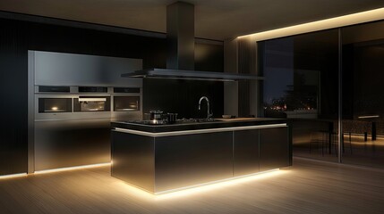Stainless steel kitchen setup with advanced cooking appliances, ready for gourmet meal preparation.
