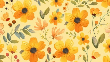Pattern with yellow flowers and leaves. Floral background.