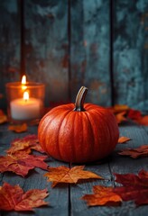 Vibrant Halloween Pumpkin Surrounded by Colorful Fall Leaves and Soft Candlelight Creating a Cozy Autumn Atmosphere for Seasonal Decor