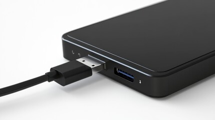 Black external hard drive connected to USB.  Data backup. White background. Technology