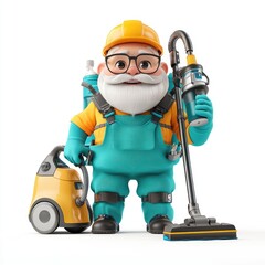 Cheerful Janitor with Vacuum Cleaner and Cleaning Supplies