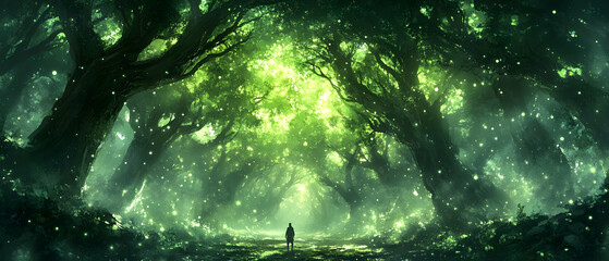 Enchanting forest path, glowing, person, fantasy, game