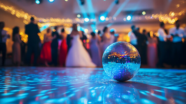A disco ball sits on a reflective dance floor at a formal event.  Blurred figures of elegantly dressed people dance in the background under colorful lights.