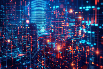 Fototapeta premium Conceptual panorama of a city skyline , illuminated by the glow of neon lights and digital world elements, captures the energy of urban life.