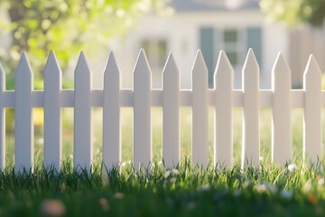 A white cute picket fence against a green sunny rural landscape, a concept of rural life, privacy, living out of the city