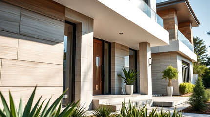 Fototapeta premium Modern Luxury House Exterior: Contemporary Home Design and Architecture. Stunning Facade, Landscaping, and Entrance. Real Estate Property