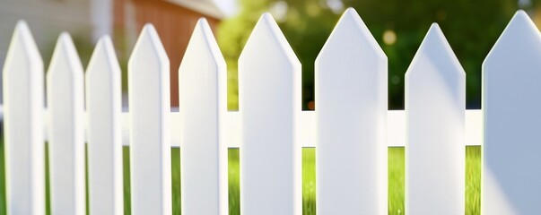 A white cute picket fence against a green sunny rural landscape, a concept of rural life, privacy, living out of the city