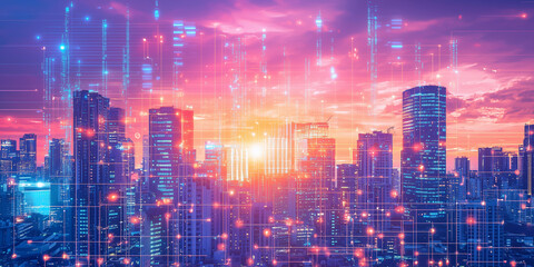 Fototapeta premium Conceptual panorama of a city skyline , illuminated by the glow of neon lights and digital world elements, captures the energy of urban life.