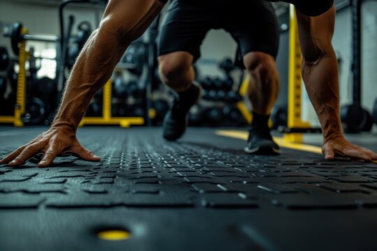Intense workout session with push-ups at a modern gym facility in the evening