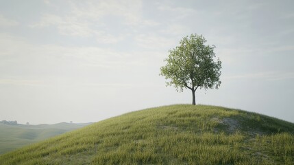 Obraz premium Lone Tree Stands on a Lush Green Hill in a Serene Landscape
