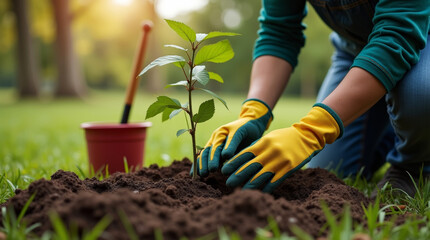Fototapeta premium Gardener’s hands in gloves planting a tree with tools in the background. A natural scene showing sustainable gardening, tree planting, and environmental care close-up