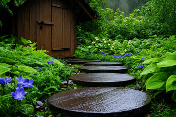 A Rainy Garden Path Lined with Wildflowers and Stepping Stones - Ideal for Nature Blogs and Reltion Websites