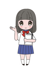 メモボードを持ってどうぞと案内のポーズをしているセーラー服姿の女子生徒の全身イラスト