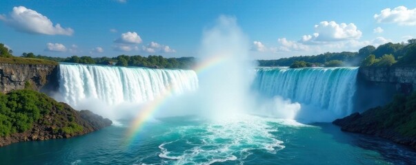 Fototapeta premium a breathtaking rainbow arcing across the upper part of the falls, clear blue sky, breeze
