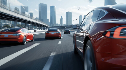 Fototapeta premium Autonomous electric cars navigating busy urban highway scene