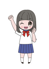 大きくガッツポーズをしてウインクしているセーラー服姿の女子生徒の全身イラスト