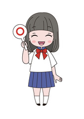 笑顔で丸のプラカードを挙げているセーラー服姿の女子生徒の全身イラスト