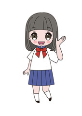 笑顔で手を振っているセーラー服姿の女子生徒の全身イラスト