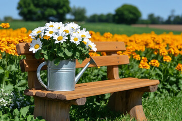 Rustic Spring Garden Setup with Wooden Bench Potting - Ideal for Home Decor and Garden Inspiration