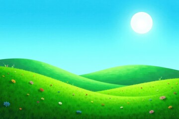 Obraz premium Serene Landscape Featuring Rolling Green Hills, a Vivid Blue Sky, and Scattered Wildflowers Under a Bright Sun