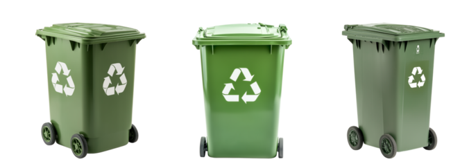 Set of Green Recycling Bin Featuring White Recycle Icon, Isolated on Transparent Background, PNG Format