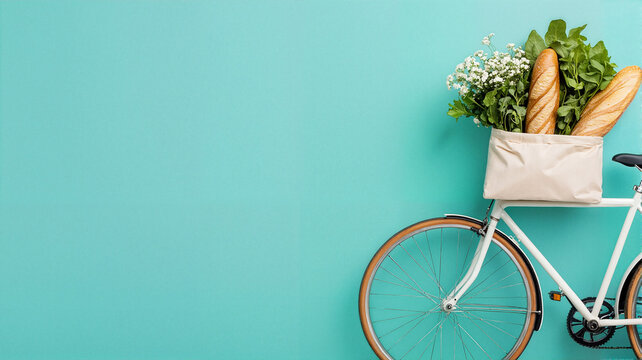 Bicycle with fresh groceries and bread against turquoise background