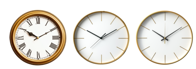 Set of Simple Wall Clock Isolated with Shadow on Transparent Background, P