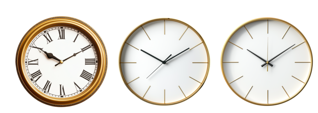 Set of Simple Wall Clock Isolated with Shadow on Transparent Background, P