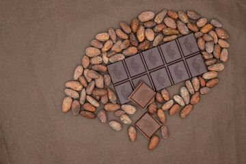 Cocoa fruit is designed from chocolate bars and cocoa beans. Chocolate color tissue paper background.  Bean to bar concept.