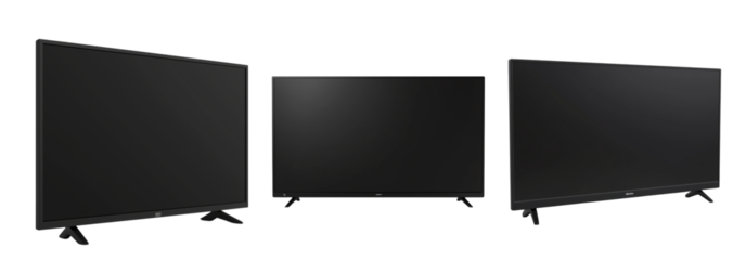 Set of Large Modern Black TV Isolated with Shadow on Transparent Background, PNG File