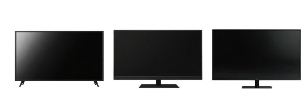 Set of Large Modern Black TV Isolated with Shadow on Transparent Background, PNG File