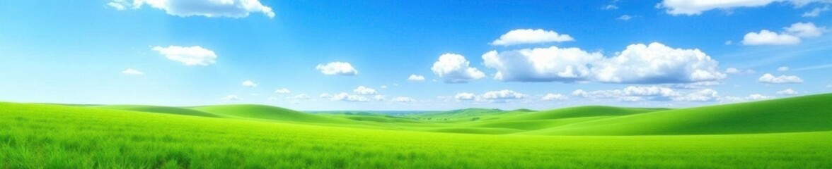 A bright blue sky with fluffy white clouds stretches above a rolling hills landscape, vast, fields