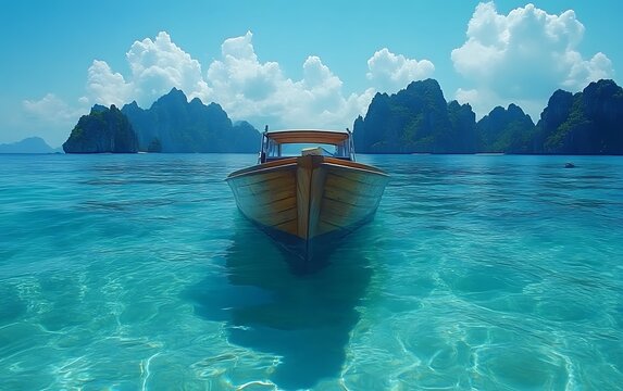 Wooden boat in crystal clear tropical water near islands.