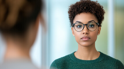 Fototapeta premium focused woman in glasses engages in therapy session, reflecting on emotions