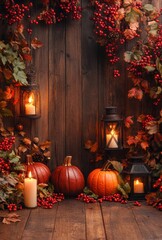 Obraz premium Warm Autumn Decor with Pumpkins and Lanterns Surrounded by Colorful Leaves and Berries Creating a Cozy Seasonal Atmosphere for Fall Celebrations