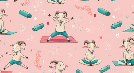 Cute cartoon goats doing yoga on pink background