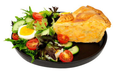 Shortcrust pastry potato and cheese filled pie slice meal with fresh egg salad isolated on a white background